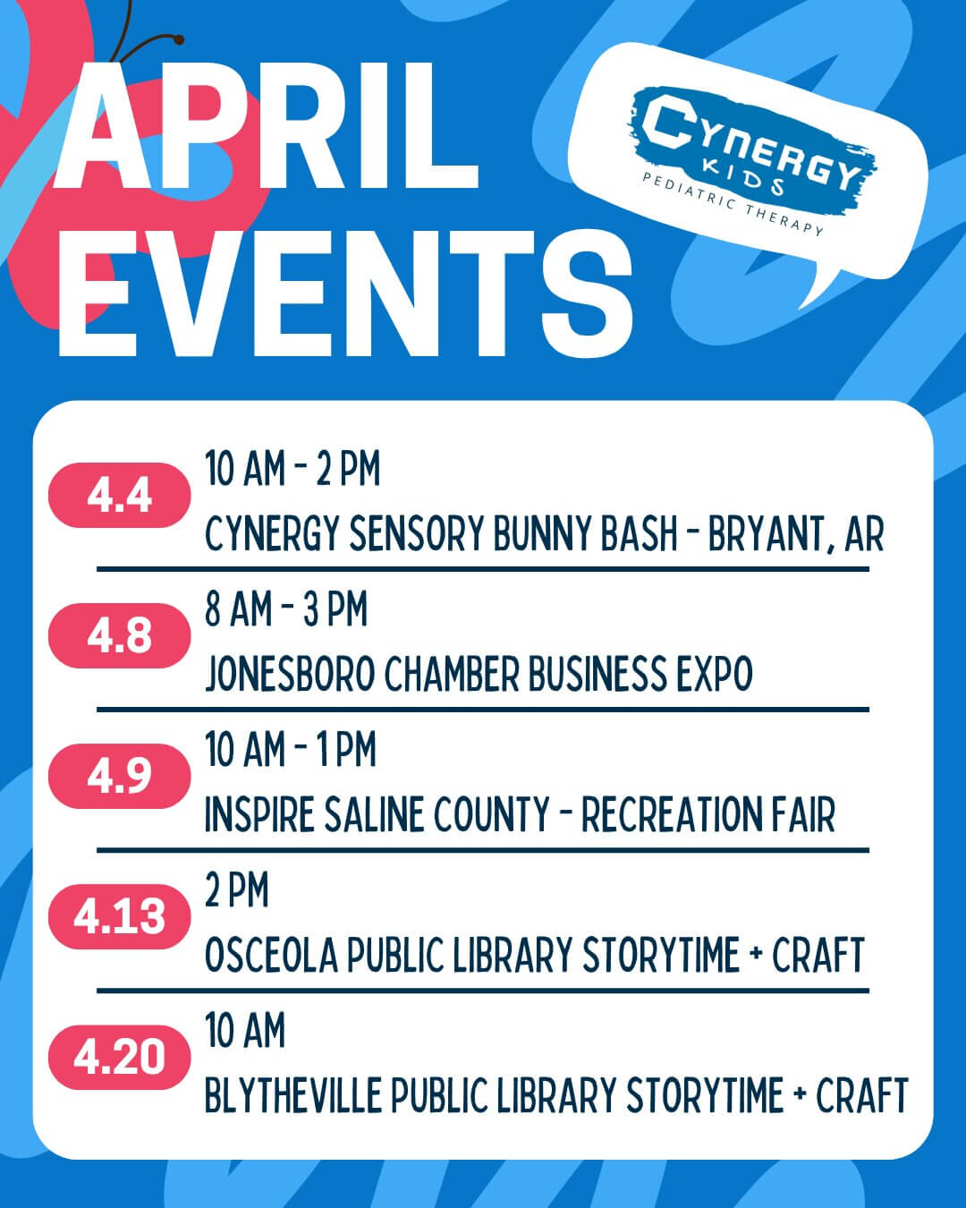 Poster for Cynergy Kids April events