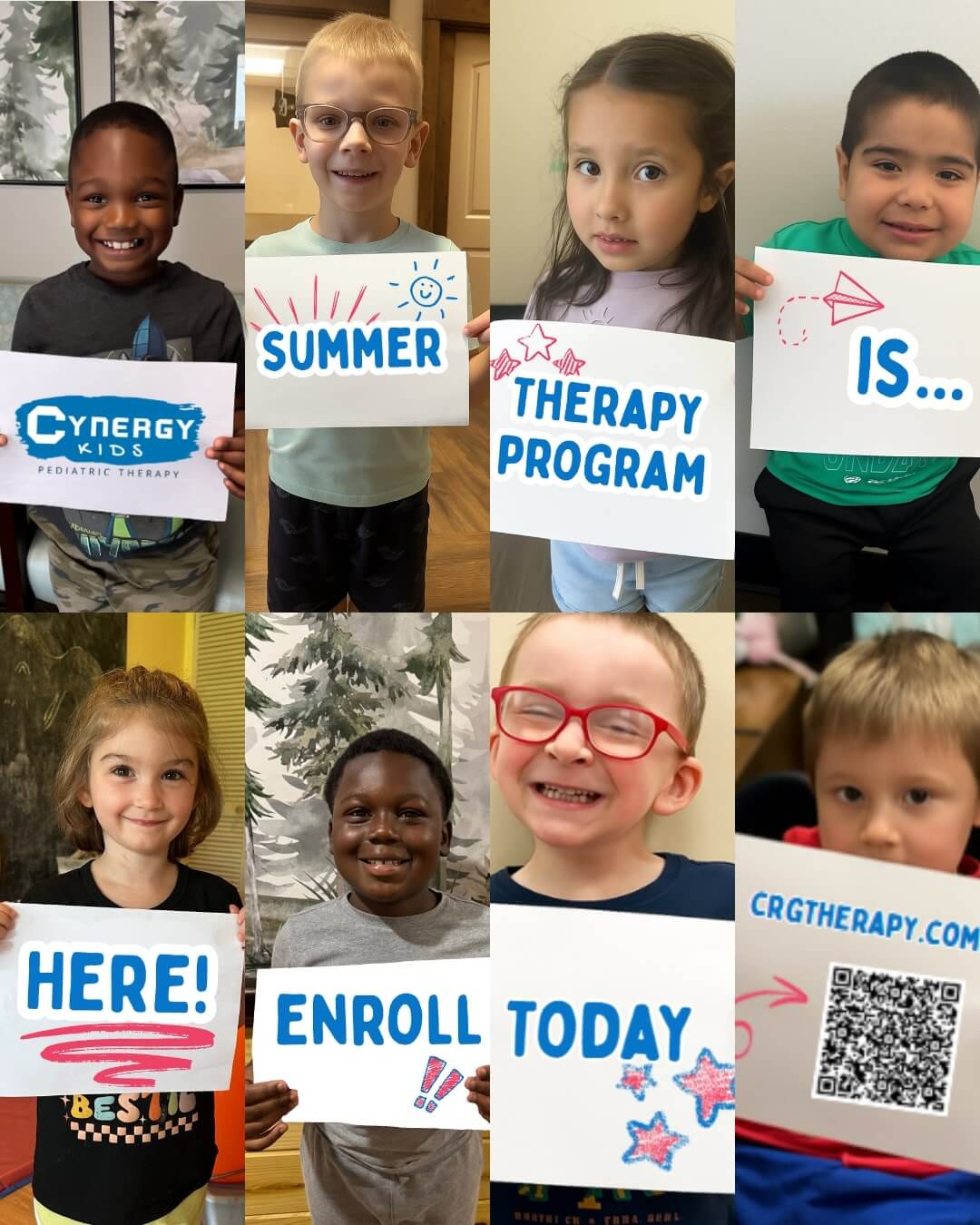 Cynergy June 2025 summer program kids holding signs that say Cynergy Kids Summer Therapy Program Is Here Enroll Today!
